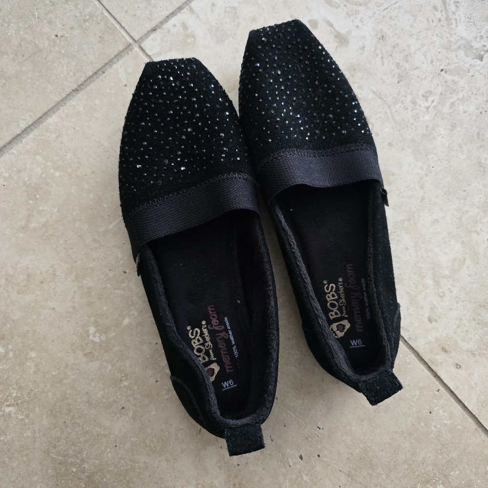 Black Suede Rhinestone Skechers BOBS slip-on flats SZ 6W